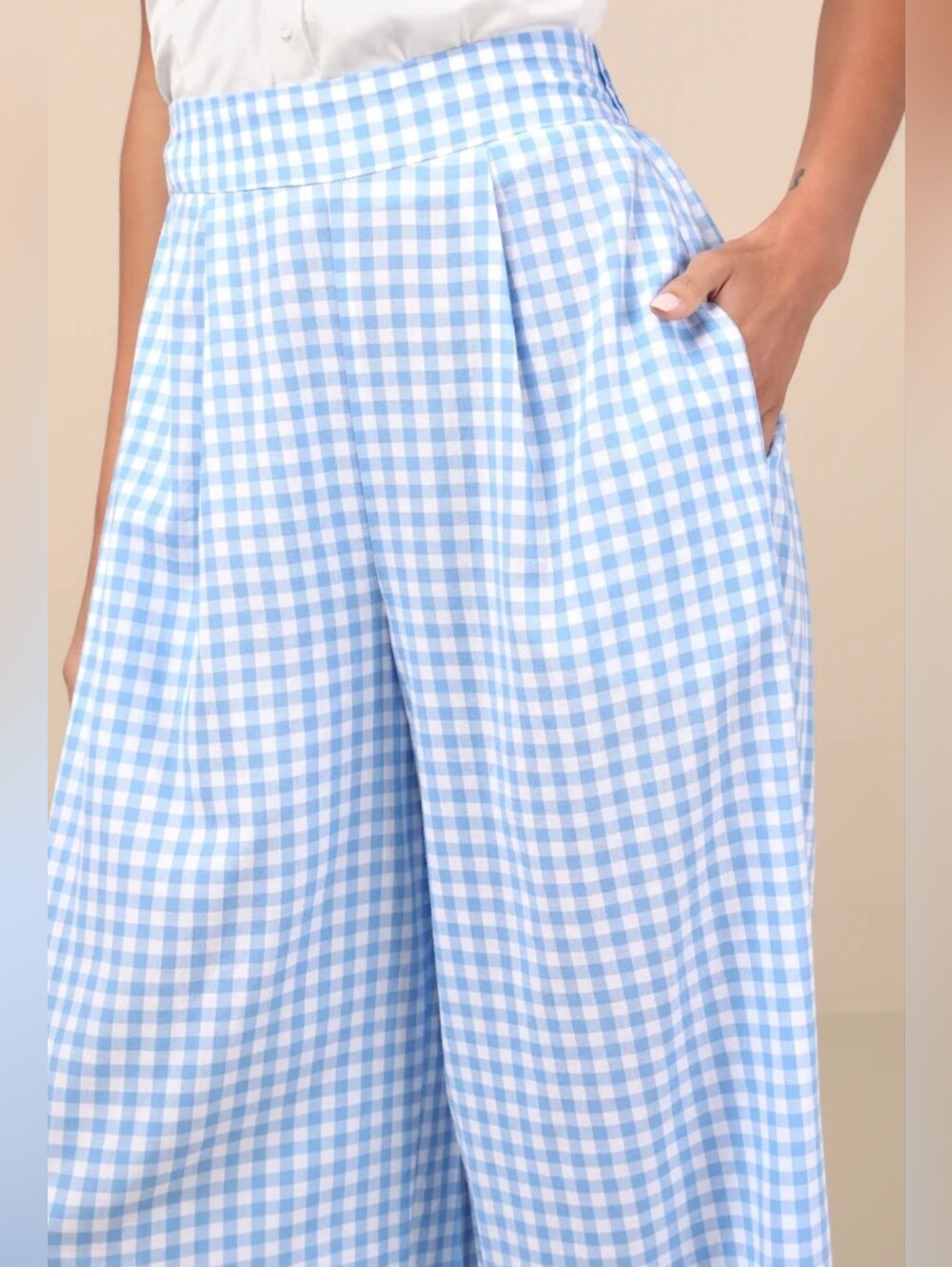 Lulus Delphine Blue and White Gingham Wide-Leg Pants Size L - Picture 7 of 11